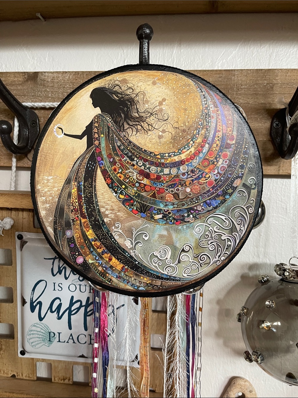 Decorative Bohemian Wall Art Tambourine with Multicolor Cascade